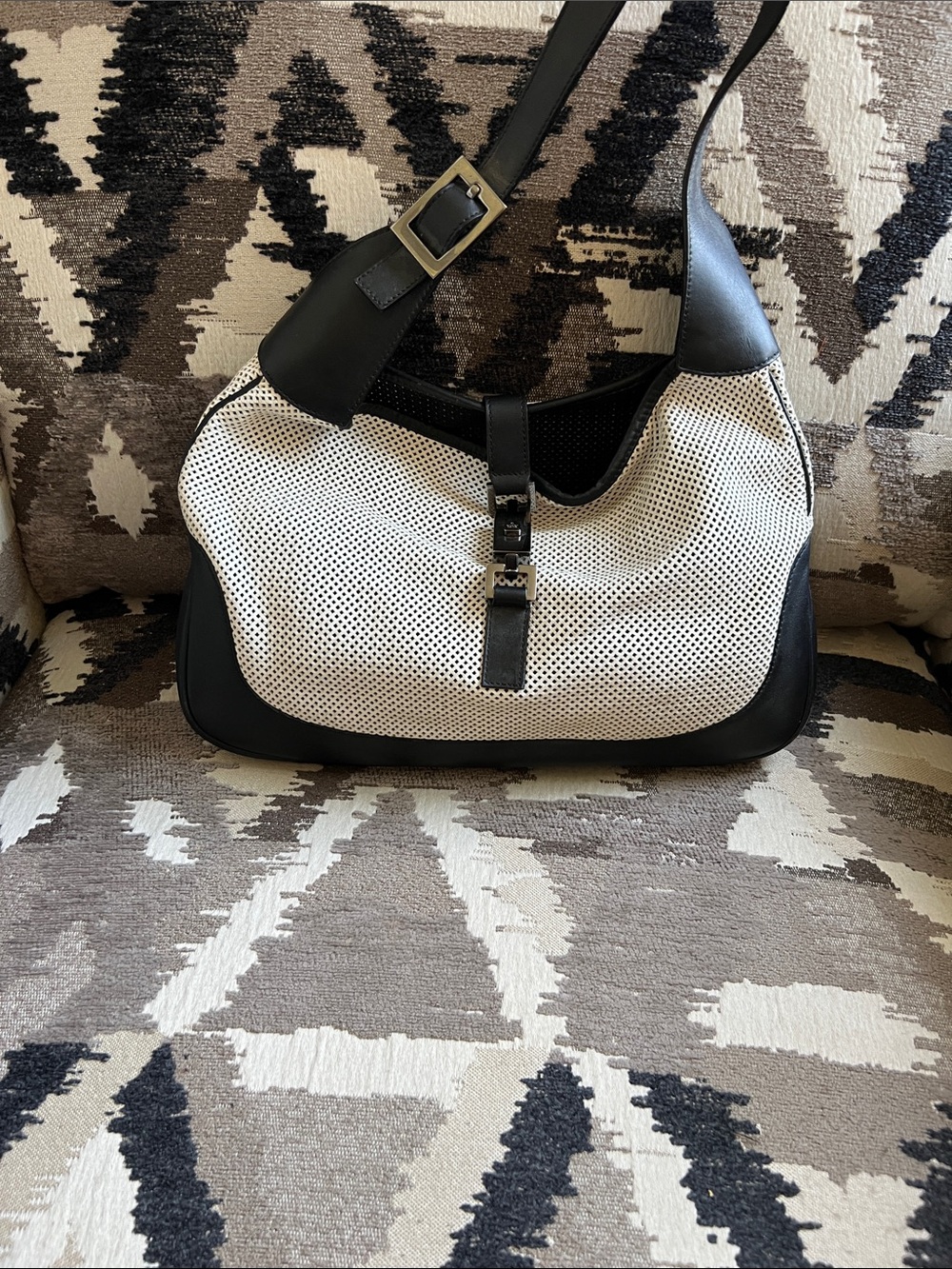 Gucci Black and White Perforated Leather Shoulder Bag with Buckle Strap